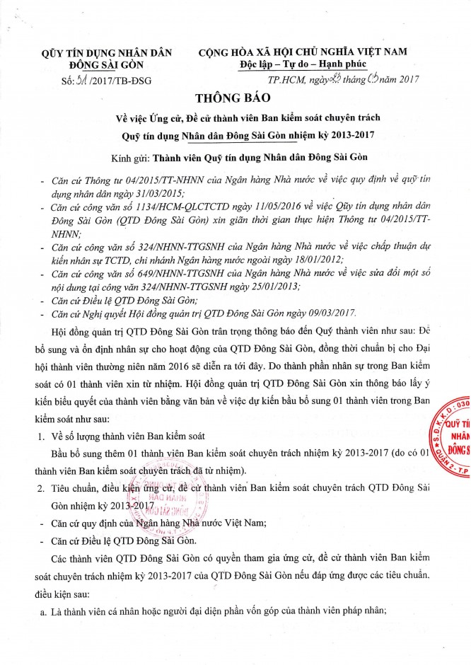 Thông báo Ứng cử, Đề cử Thành viên Ban kiểm soát chuyên trách nhiệm kỳ 2013 - 2017