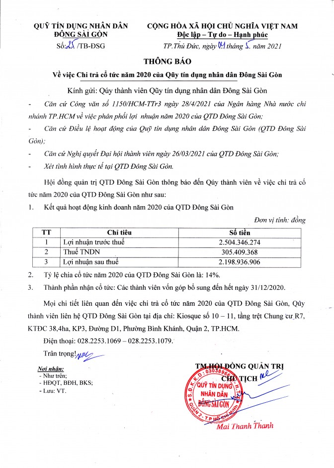 Thông báo về việc chi trả cổ tức năm 2020 của QTDND Đông Sài Gòn