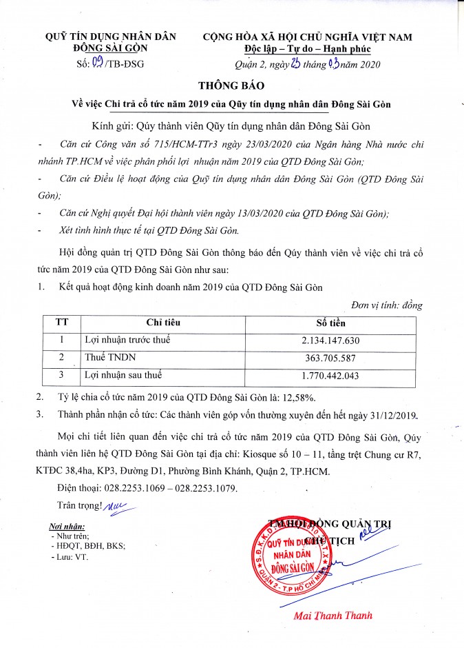 Thông báo về việc chi trả cổ tức năm 2019