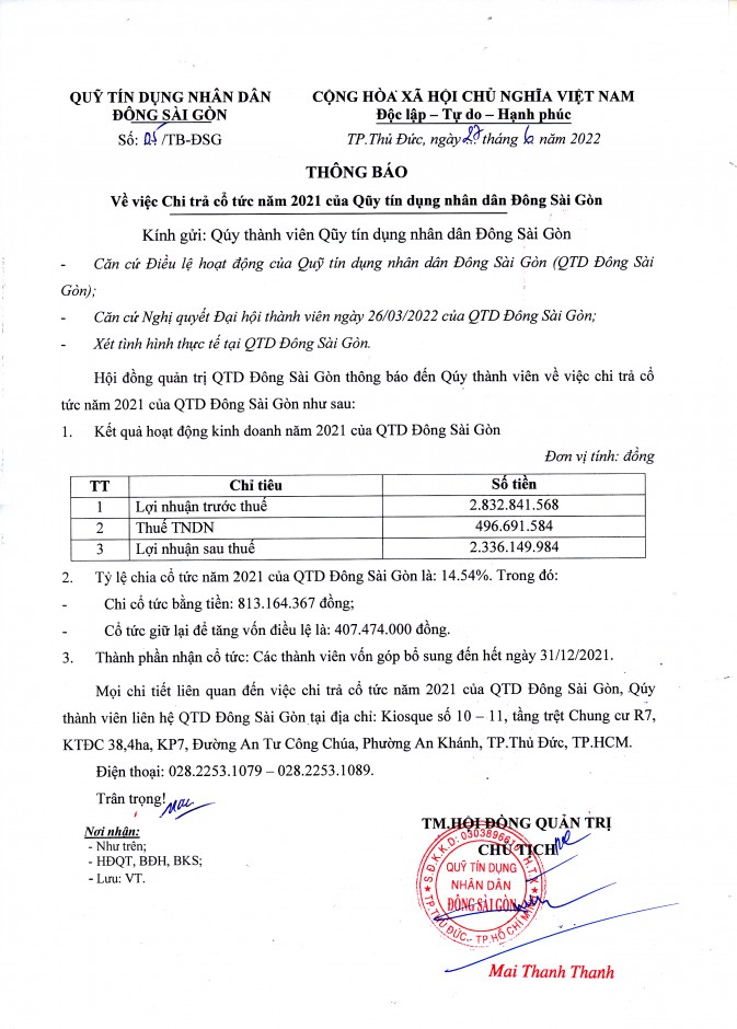 Thông báo chi trả cổ tức năm 2021 của Qũy tín dụng nhân dân Đông Sài Gòn