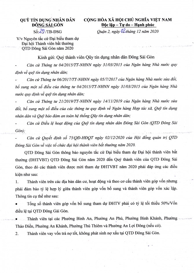 Thông báo Nguyên tắc cử Đại biểu tham dự ĐHTV bất thường QTD Đông Sài Gòn năm 2020