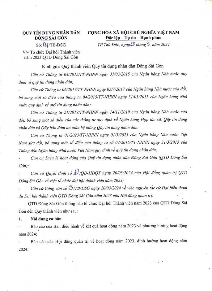 Thông báo tổ chức Đại hội thành viên năm 2023 của QTD Đông Sài Gòn