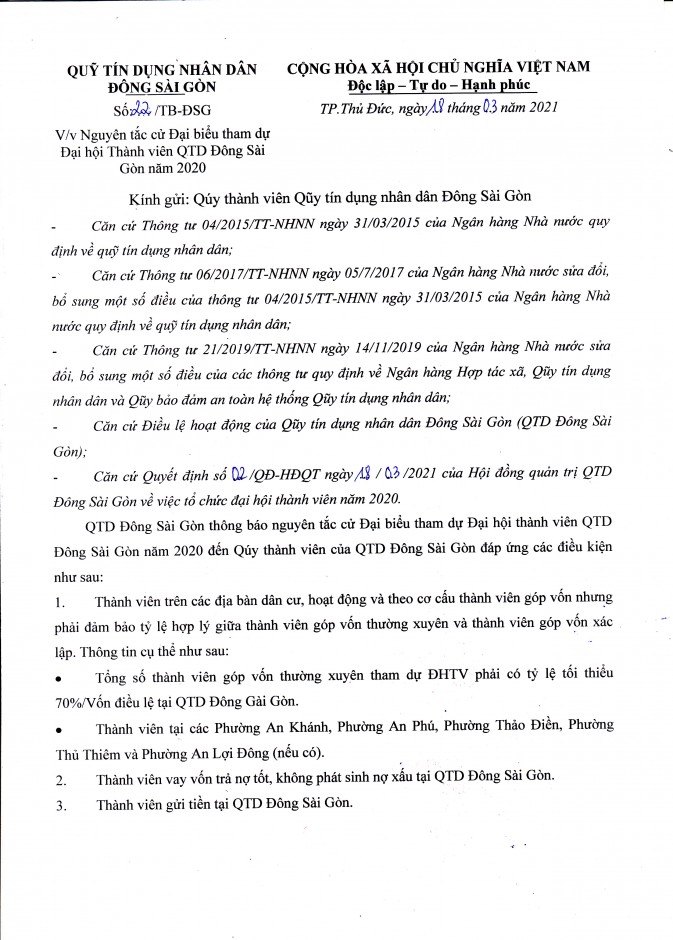 Nguyên tắc cử Đại biểu tham dự ĐHTV QTD Đông Sài Gòn năm 2020