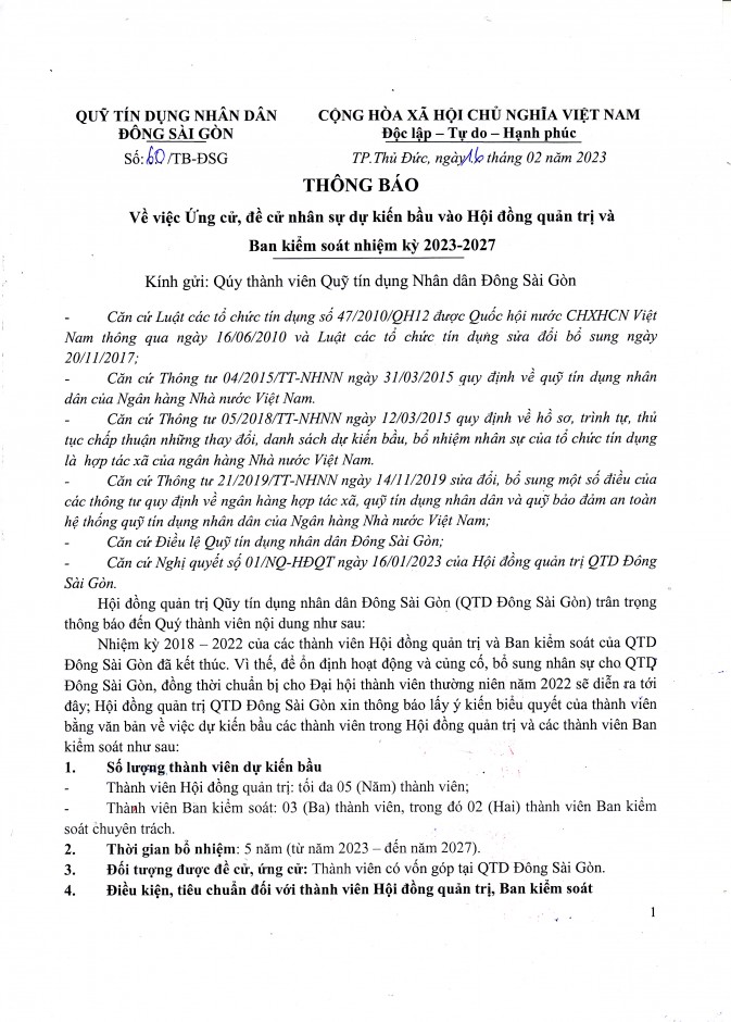 THÔNG BÁO ỨNG CỬ, ĐỀ CỬ TV HĐQT/BKS NHIỆM KỲ 2023 - 2027
