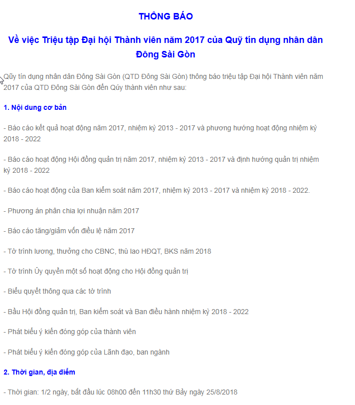 THÔNG BÁO TRIỆU TẬP ĐẠI HỘI THÀNH VIÊN NĂM 2017