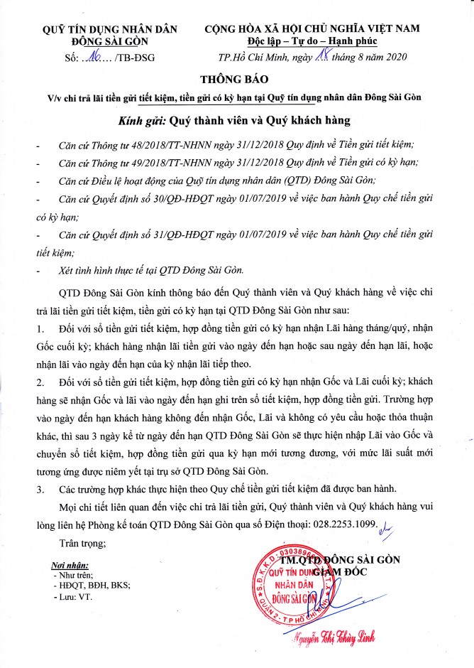 Thông báo về việc chi trả lãi tiền gửi tiết kiệm, tiền gửi có kỳ hạn tại DSGFund