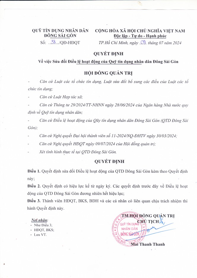 Điều Lệ Quỹ Tín Dụng Nhân Dân Đông Sài Gòn